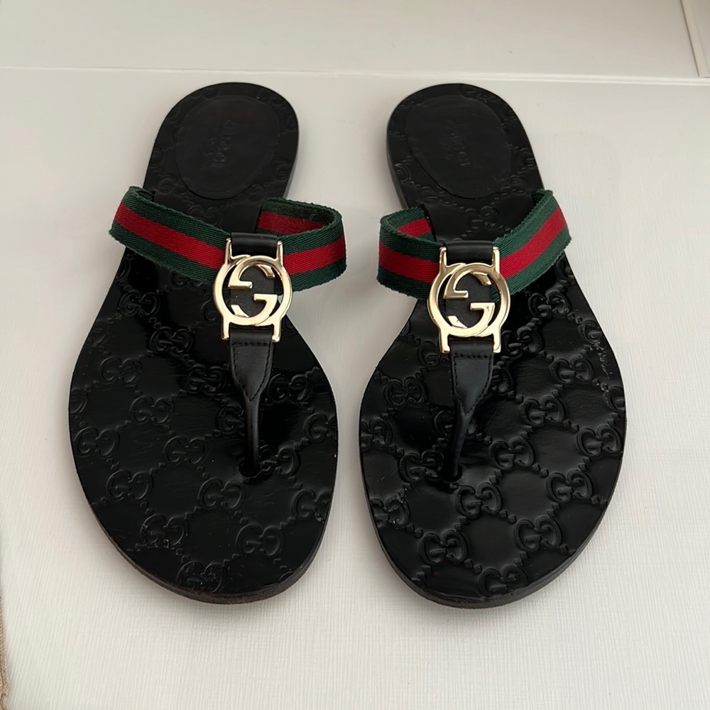 GUCCI Thong Sandals- Guccissima Web Womens Thong Sandals Green, Red, Black 38.5
